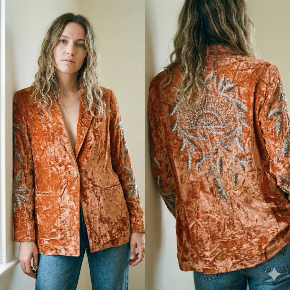 Free People Jillian Blazer Womens XS Orange Crushed Velvet Beaded Embroidered